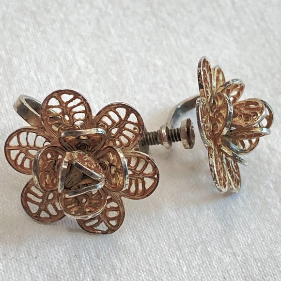 Mexico Sterling Earrings Vintage Flower Filagree Screw Back - Picture 2 of 11